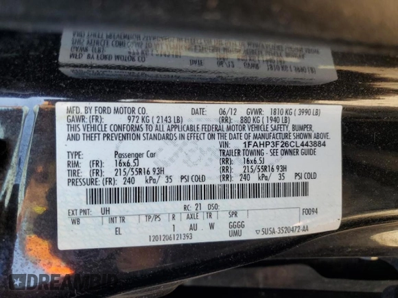 2012 Ford Focus SE with VIN 1FAHP3F26CL443884, listed as a Copart auction lot 51372645 with 127,861 mi miles and Clean Title. Bid and sale history available at DreamBid. Image 12.