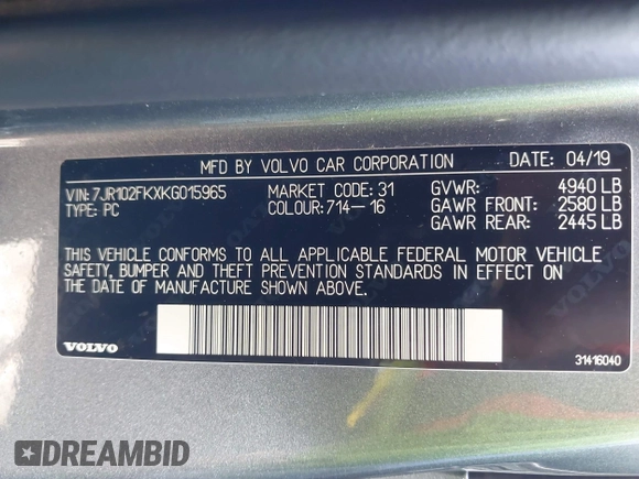 2019 Volvo S60 Momentum with VIN 7JR102FKXKG015965, listed as a IAAI auction lot 41156948 with 48,500 mi miles. Bid and sale history available at carsss.com. Image 9.