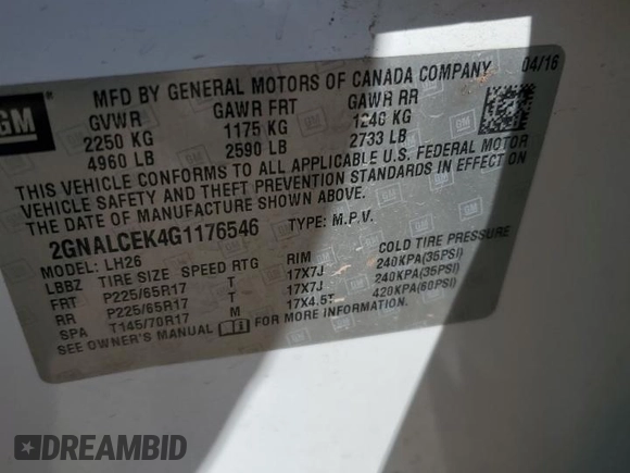 2016 Chevrolet Equinox LT z VIN 2GNALCEK4G1176546, wystawiony jako Copart lot #57412195 z przebiegiem 124 136 mil mil oraz Czysty tytuł • Clean title. Historia ofert i sprzedaży dostępna na DreamBid. Obrazek 13.