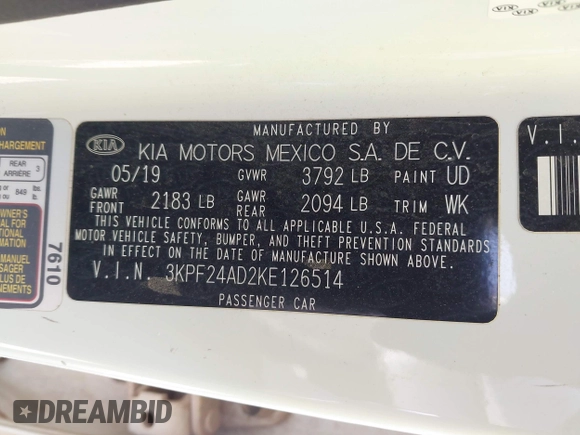2019 Kia Forte LXS with VIN 3KPF24AD2KE126514, listed as a IAAI auction lot 42374878 with 196,414 mi miles and . Bid and sale history available at DreamBid. Image 9.