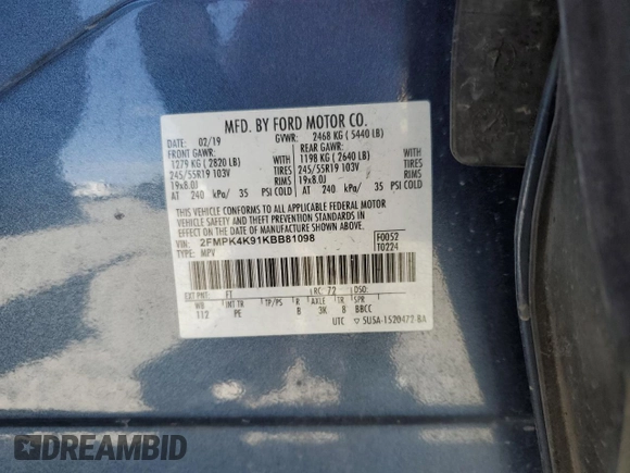 2019 Ford Edge Titanium z VIN 2FMPK4K91KBB81098, wystawiony jako Copart lot #53604115 z przebiegiem 70 179 mil mil oraz Szkoda całkowita • Salvage title. Historia ofert i sprzedaży dostępna na DreamBid. Obrazek 13.
