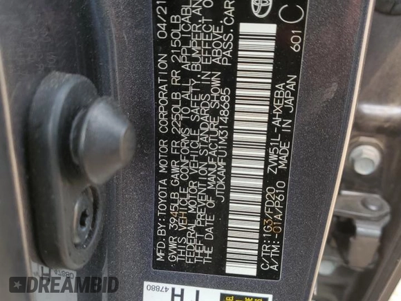 2021 Toyota Prius L Eco with VIN JTDKAMFU1M3148685, listed as a Copart auction lot 59094755 with 54,465 mi miles and Salvage title. Bid and sale history available at DreamBid. Image 12.