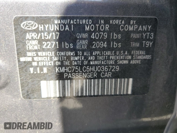 2017 Hyundai Ioniq SEL with VIN KMHC75LC5HU036729, listed as a Copart auction lot 58550855 with 183,866 mi miles and Salvage title. Bid and sale history available at DreamBid. Image 12.