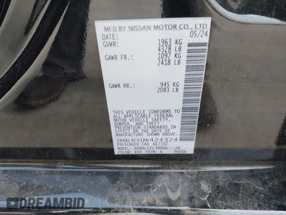 2024 Nissan Altima SR with VIN 1N4BL4CV1RN424324, listed as a IAAI auction lot 42080315 with 19,510 mi miles and . Bid and sale history available at DreamBid. Image 9.