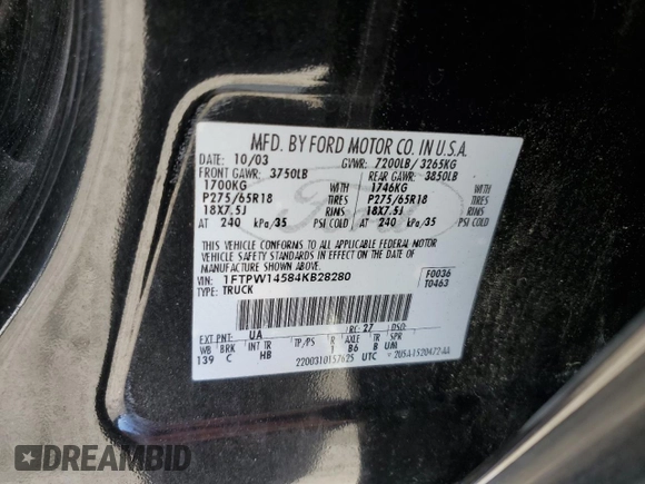 2004 Ford F-150 XLT with VIN 1FTPW14584KB28280, listed as a Copart auction lot 49546875 with 214,808 mi miles and Clean Title. Bid and sale history available at carsss.com. Image 12.