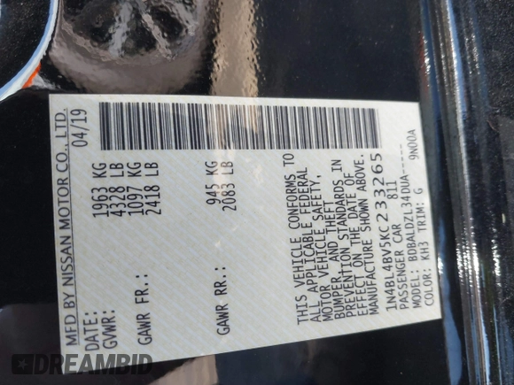 2019 Nissan Altima S with VIN 1N4BL4BV5KC233265, listed as a IAAI auction lot 41721250 with 81,040 mi miles and . Bid and sale history available at carsss.com. Image 9.