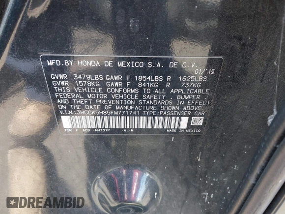 2015 Honda Fit EX-L with VIN 3HGGK5H85FM771741, listed as a IAAI auction lot 42095869 with 91,854 mi miles and . Bid and sale history available at DreamBid. Image 9.