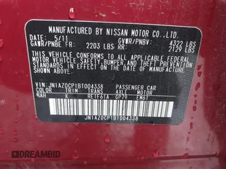2011 Nissan LEAF SL-e with VIN JN1AZ0CP1BT004338, listed as a IAAI auction lot 41577941 with 89,415 mi miles. Bid and sale history available at carsss.com. Image 9.