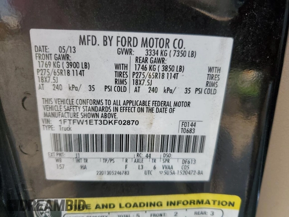 2013 Ford F-150 XL with VIN 1FTFW1ET3DKF02870, listed as a Copart auction lot 50087645 with 159,837 mi miles and Salvage Title. Bid and sale history available at carsss.com. Image 12.