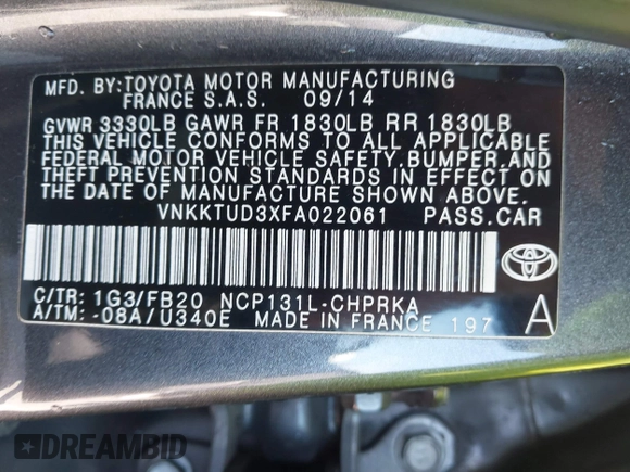 2015 Toyota Yaris L with VIN VNKKTUD3XFA022061, listed as a IAAI auction lot 41774318 with 134,082 mi miles. Bid and sale history available at carsss.com. Image 9.