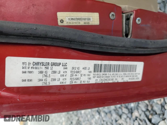 2012 Jeep Compass Sport with VIN 1C4NJCBA8CD661086, listed as a Copart auction lot 51484625 with 0 mi miles and Salvage Title. Bid and sale history available at carsss.com. Image 14.