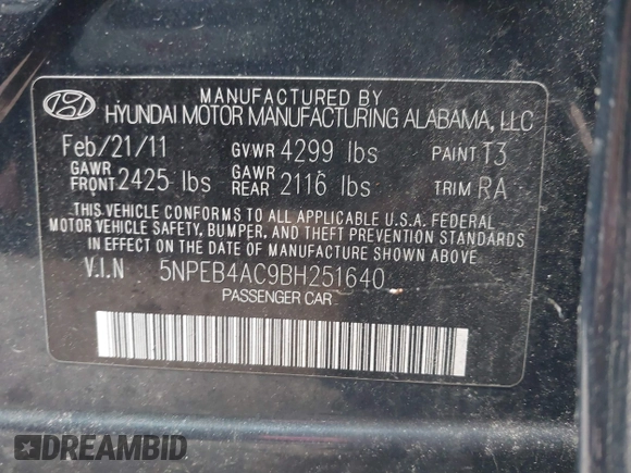 2011 Hyundai Sonata GLS with VIN 5NPEB4AC9BH251640, listed as a IAAI auction lot 40931571 with 109,894 mi miles. Bid and sale history available at carsss.com. Image 9.