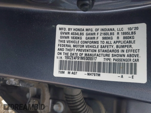 2021 Honda Insight Touring with VIN 19XZE4F91ME005517, listed as a IAAI auction lot 42036493 with 65,404 mi miles and . Bid and sale history available at carsss.com. Image 9.