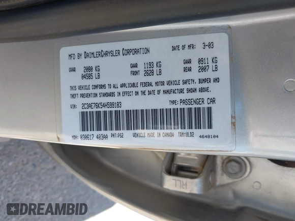 2004 Chrysler 300M M z VIN 2C3AE76K54H599183, wystawiony jako IAAI lot #42471293 z przebiegiem Nie podano mil oraz . Historia ofert i sprzedaży dostępna na DreamBid. Obrazek 9.