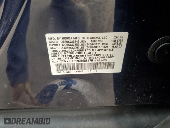 2016 Honda Pilot EX-L with VIN 5FNYF6H52GB088176, listed as a Copart auction lot 47723345 with 78,392 mi miles and Salvage Title. Bid and sale history available at DreamBid. Image 15.