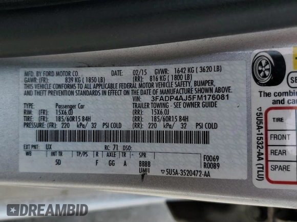 2015 Ford Fiesta S with VIN 3FADP4AJ5FM176081, listed as a Copart auction lot 60471745 with 128,356 mi miles and Clean title. Bid and sale history available at DreamBid. Image 12.
