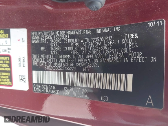 2012 Toyota Sienna с VIN 5TDZK3DC5CS195229, выставлен на аукционе IAAI как лот 42291832 с пробегом 209 120 миль миль и . История ставок и продаж доступна на DreamBid. Изображение 9.