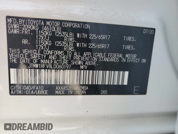 2020 Toyota RAV4 XLE with VIN JTMW1RFV8LD060197, listed as a Copart auction lot 61223725 with 33,135 mi miles and Salvage title. Bid and sale history available at DreamBid. Image 12.