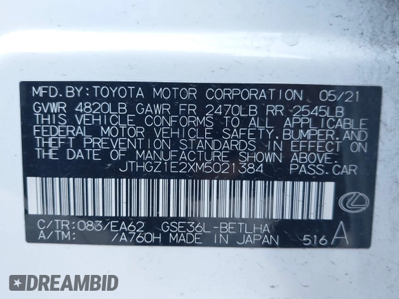 2021 Lexus IS 350 F Sport z VIN JTHGZ1E2XM5021384, wystawiony jako IAAI lot #40805229 z przebiegiem 52 644 mil mil oraz . Historia ofert i sprzedaży dostępna na DreamBid. Obrazek 9.
