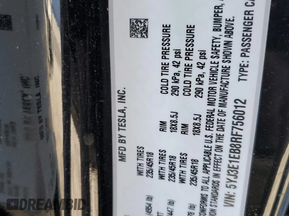 2024 Tesla Model 3 Long Range with VIN 5YJ3E1EB8RF756012, listed as a Copart auction lot 49694515 with 16,041 mi miles and Salvage Title. Bid and sale history available at DreamBid. Image 12.