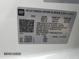 2022 GMC Sierra 1500 with VIN 3GTUUGET7NG527571, listed as a Copart auction lot 84664684 with 43,336 mi miles and Salvage Title. Bid and sale history available at DreamBid. Image 12.