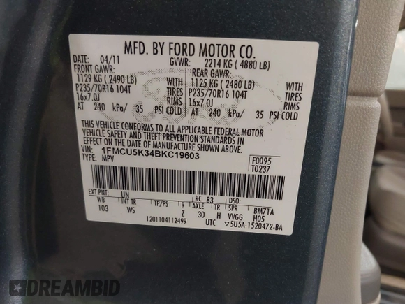 2011 Ford Escape Hybrid с VIN 1FMCU5K34BKC19603, выставлен на аукционе IAAI как лот 41895045 с пробегом 117 922 миль миль и . История ставок и продаж доступна на DreamBid. Изображение 9.