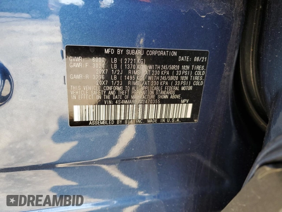 2021 Subaru Ascent Touring with VIN 4S4WMARD3M3470355, listed as a Copart auction lot 51347105 with 39,614 mi miles and Salvage Title. Bid and sale history available at carsss.com. Image 13.