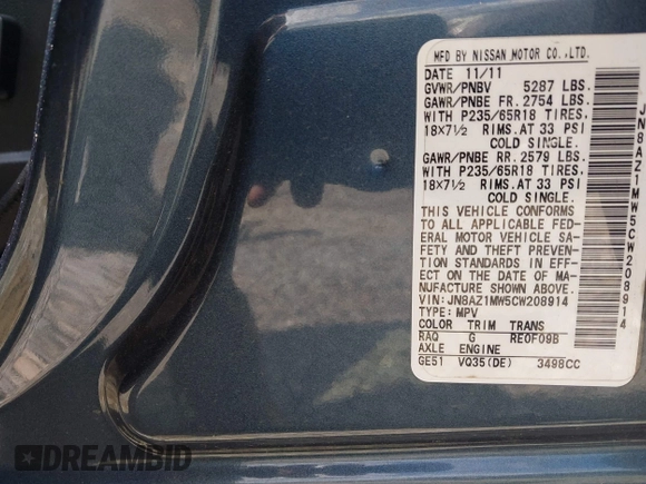 2012 Nissan Murano SV with VIN JN8AZ1MW5CW208914, listed as a IAAI auction lot 42107691 with 143,881 mi miles and . Bid and sale history available at carsss.com. Image 9.