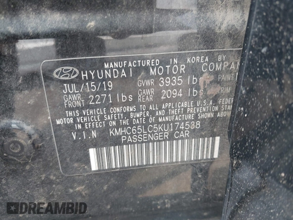2019 Hyundai Ioniq Blue with VIN KMHC65LC5KU174538, listed as a IAAI auction lot 42379960 with 135,299 mi miles and . Bid and sale history available at DreamBid. Image 9.