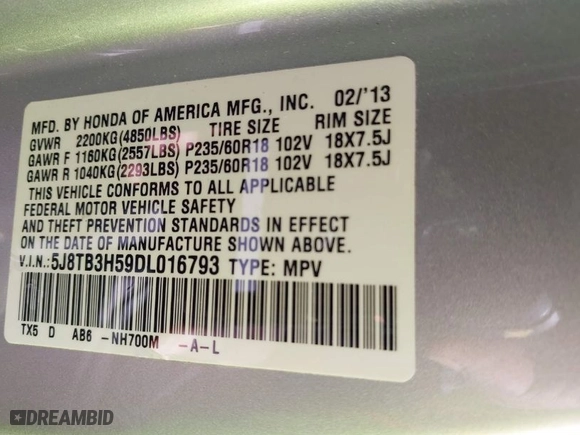 2013 Acura RDX Tech Pkg with VIN 5J8TB3H59DL016793, listed as a IAAI auction lot 41700180 with 135,250 mi miles. Bid and sale history available at carsss.com. Image 9.