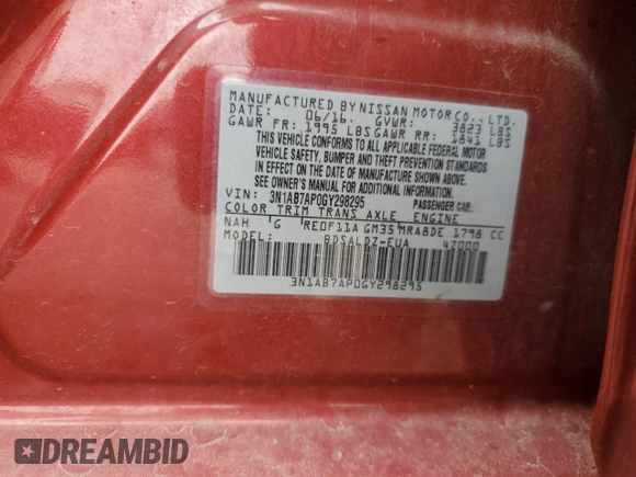 2016 Nissan Sentra SV with VIN 3N1AB7AP0GY298295, listed as a Copart auction lot 55695685 with 123,737 mi miles and Clean Title. Bid and sale history available at DreamBid. Image 12.