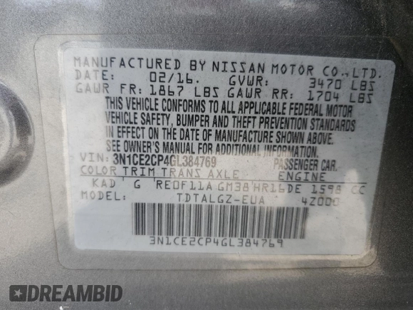 2016 Nissan Note SR with VIN 3N1CE2CP4GL384769, listed as a Copart auction lot 59407905 with 174,302 mi miles and Salvage title. Bid and sale history available at DreamBid. Image 12.