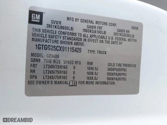 2009 GMC Savana Cargo Van with VIN 1GTGG25CX91115429, listed as a IAAI auction lot 41445132 with 119,195 mi miles. Bid and sale history available at carsss.com. Image 9.