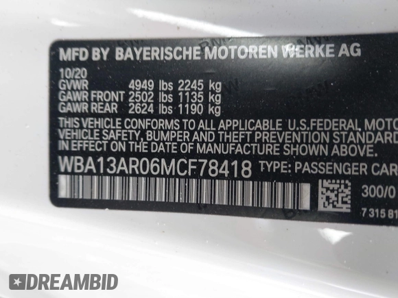 2021 BMW 4 Series M440i xDrive with VIN WBA13AR06MCF78418, listed as a IAAI auction lot 41257716 with 35,974 mi miles and . Bid and sale history available at DreamBid. Image 9.