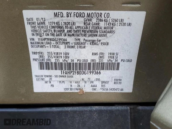 2013 Ford Taurus Limited with VIN 1FAHP2F80DG199366, listed as a Copart auction lot 48417635 with 142,263 mi miles and Salvage Title. Bid and sale history available at carsss.com. Image 15.