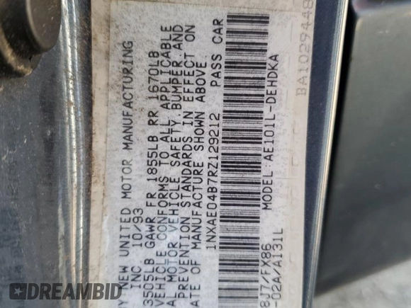 1994 Toyota Corolla with VIN 1NXAE04B7RZ129212, listed as a Copart auction lot 56760095 with 156,822 mi miles and Non repairable. Bid and sale history available at DreamBid. Image 12.