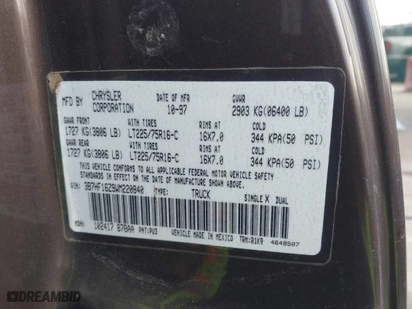 1998 Dodge Ram 1500 with VIN 3B7HF16Z9WM220840, listed as a IAAI auction lot 41595328 with 199,281 mi miles. Bid and sale history available at carsss.com. Image 9.