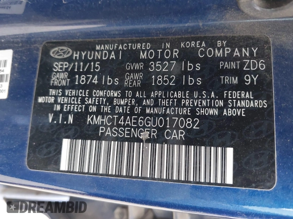 2016 Hyundai Accent SE with VIN KMHCT4AE6GU017082, listed as a IAAI auction lot 41915788 with 137,945 mi miles and . Bid and sale history available at carsss.com. Image 9.