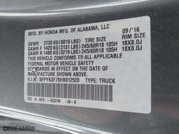 2017 Honda Ridgeline RTL-E with VIN 5FPYK3F78HB012520, listed as a IAAI auction lot 41551255 with 44,270 mi miles. Bid and sale history available at carsss.com. Image 9.