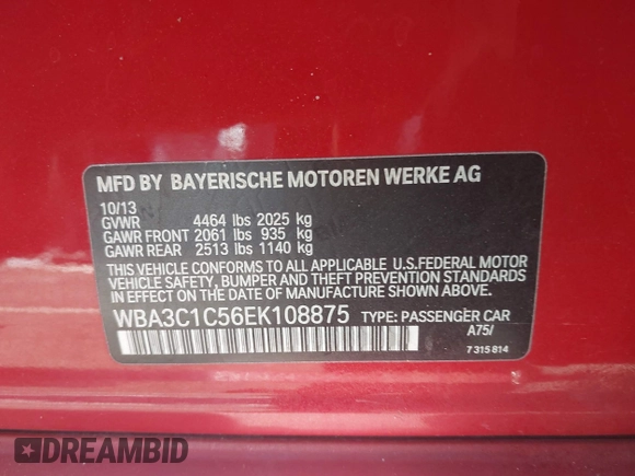 2014 BMW 3 Series 328i with VIN WBA3C1C56EK108875, listed as a IAAI auction lot 41947800 with 91,028 mi miles. Bid and sale history available at carsss.com. Image 9.