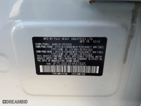 2015 Subaru Forester 2.5i with VIN JF2SJAACXFH561645, listed as a Copart auction lot 43367905 with 109,003 mi miles and Salvage Title. Bid and sale history available at carsss.com. Image 14.