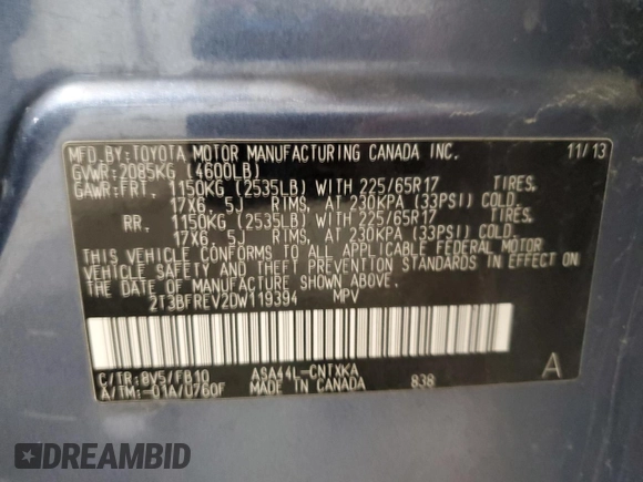 2013 Toyota RAV4 LE with VIN 2T3BFREV2DW119394, listed as a Copart auction lot 52409405 with 95,324 mi miles and Salvage title. Bid and sale history available at DreamBid. Image 15.