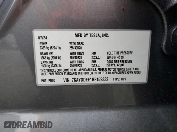 2024 Tesla Model Y Long Range with VIN 7SAYGDEE1RF159332, listed as a Copart auction lot 61179495 with 9,259 mi miles and Salvage title. Bid and sale history available at DreamBid. Image 14.