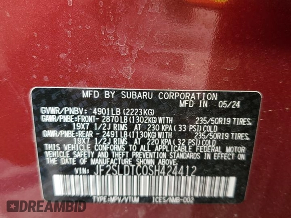 2025 Subaru Forester Touring с VIN JF2SLDTC0SH424412, выставлен на аукционе Copart как лот 51385225 с пробегом 8 405 миль миль и Списание • Salvage title. История ставок и продаж доступна на DreamBid. Изображение 13.