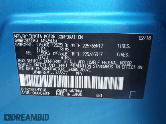 2018 Toyota RAV4 XLE with VIN JTMWFREV1JJ736877, listed as a IAAI auction lot 42072222 with 43,004 mi miles and . Bid and sale history available at carsss.com. Image 9.