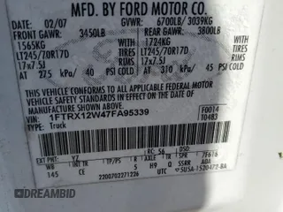 2007 Ford F-150 STX с VIN 1FTRX12W47FA95339, выставлен на аукционе Copart как лот 62309475 с пробегом 344 945 миль миль и Списание • Salvage title. История ставок и продаж доступна на DreamBid. Изображение 12.