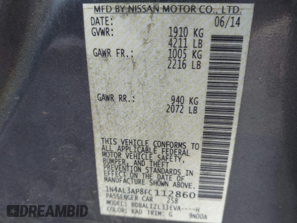 2015 Nissan Altima SV z VIN 1N4AL3AP8FC112860, wystawiony jako IAAI lot #42083386 z przebiegiem 123 672 mil mil oraz . Historia ofert i sprzedaży dostępna na DreamBid. Obrazek 9.
