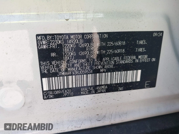 2024 Toyota RAV4 Hybrid XLE Premium with VIN JTMB6RFV3RJ059534, listed as a IAAI auction lot 41716721 with 6,319 mi miles. Bid and sale history available at carsss.com. Image 9.