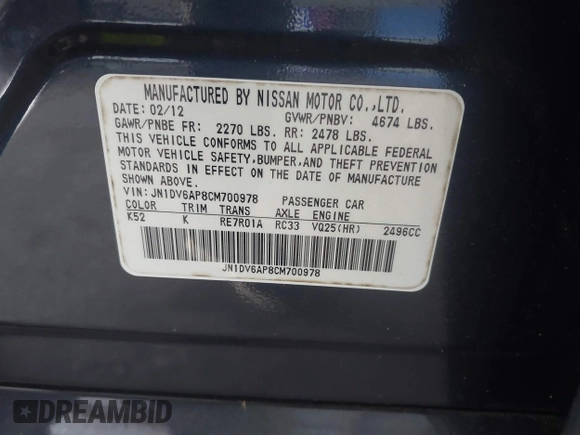 2012 Infiniti G25 Journey with VIN JN1DV6AP8CM700978, listed as a IAAI auction lot 42750060 with Not provided miles and . Bid and sale history available at DreamBid. Image 9.
