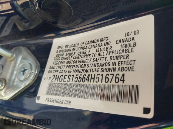2004 Honda Civic LX with VIN 2HGES15564H516764, listed as a IAAI auction lot 42191844 with 107,000 mi miles and . Bid and sale history available at DreamBid. Image 9.